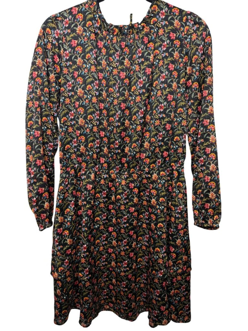 LOFT Petite Dress MP Floral Metallic Ruffle Long Sleeve Keyhole Lined